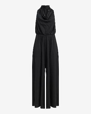 Satin Scarf Cowl Neck Wide Leg Jumpsuit with Pockets