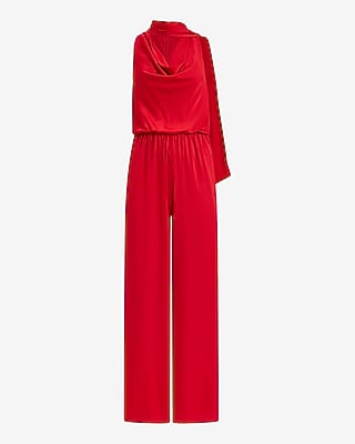 Satin Scarf Cowl Neck Wide Leg Jumpsuit with Pockets