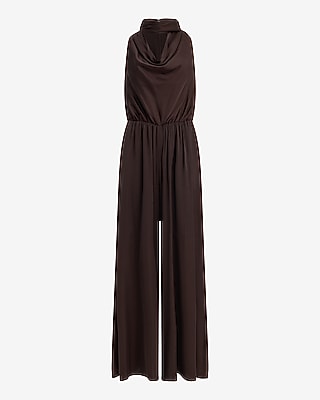 Satin Scarf Cowl Neck Wide Leg Jumpsuit with Pockets