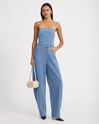Denim Strapless Barrel Leg Jumpsuit with Pockets