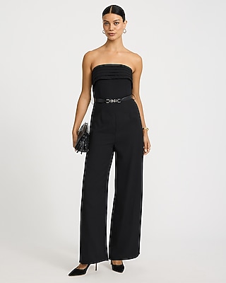 Strapless Fold Over Pleated Belted Wide Leg Jumpsuit