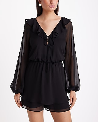 Date Night,Cocktail & Party Ruffle Tie V-Neck Long Sleeve Romper Black Women's M