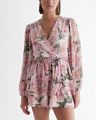 Date Night,Cocktail & Party,Bridal Shower Floral V-Neck Surplice Tie Waist Romper