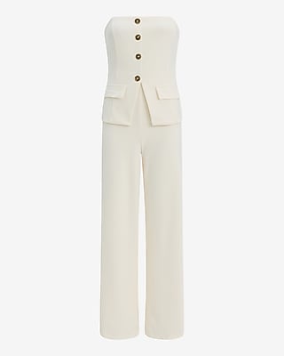 Strapless Tailored Button Front Wide Leg Jumpsuit