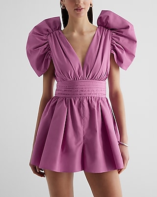 V-neck Pleated Plunging Neck Cocktail Puff Sleeves Sleeves Party Dress/Bodysuit/Romper/Jumpsuit