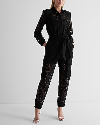 Cocktail & Party Lace Button Front Cargo Straight Leg Jumpsuit