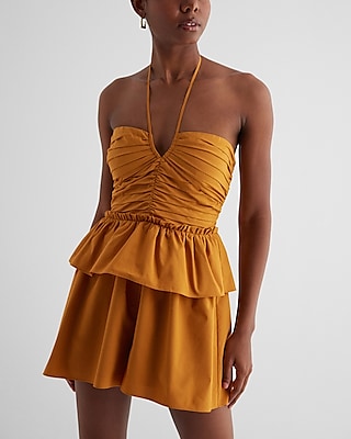 Casual Halter Neck Tiered Pleated Poplin Romper