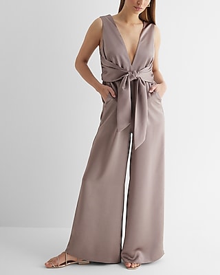 Cocktail & Party Satin V-Neck Tie Waist Wide Leg Palazzo Jumpsuit Gray Women's M