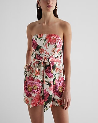 Strapless Satin Tie Waist Waistline Spring Floral Print Cocktail Party Dress/Romper/Jumpsuit