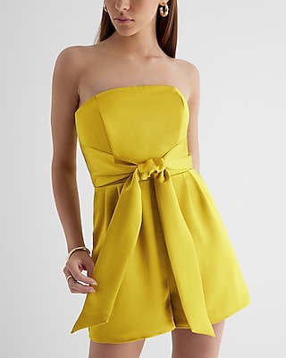 Cocktail & Party Satin Strapless Tie Waist Romper Yellow Women's 2
