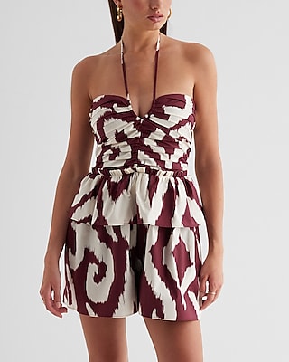 Casual Printed Halter Neck Tiered Pleated Poplin Romper
