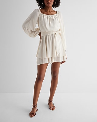 Casual Long Sleeve Tie Waist Ruffle Romper White Women's XL