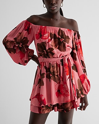 Floral Print Tie Waist Waistline Cocktail Off the Shoulder Party Dress/Romper/Jumpsuit With Ruffles