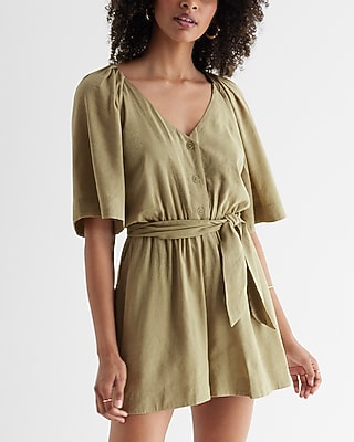 Casual Linen-Blend Button Up Tie Waist Romper