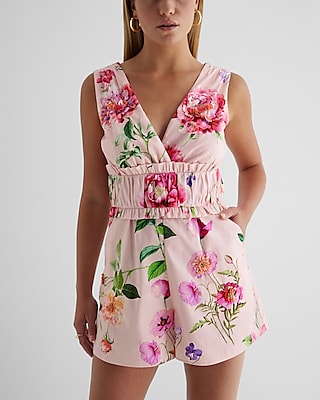 V-neck Spring Cocktail Pleated Floral Print Party Dress/Romper/Jumpsuit With Rhinestones and Ruffles