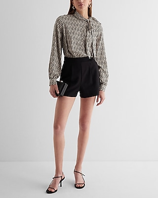 Work Printed Tie Neck Long Sleeve Romper