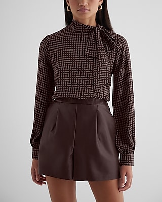 Work Printed Faux Leather Tie Neck Long Sleeve Romper