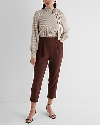 Work Printed Tie Neck Long Sleeve Straight Leg Jumpsuit