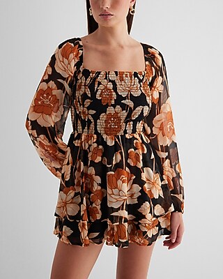 Casual Floral Square Neck Long Sleeve Smocked Romper