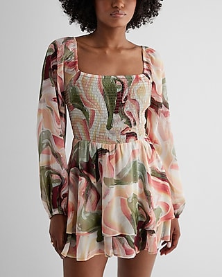 Casual,Cocktail & Party Marble Print Square Neck Long Sleeve Smocked Romper