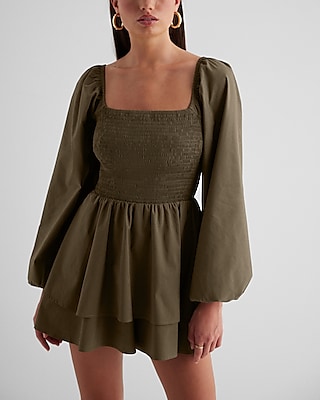 Casual Square Neck Long Sleeve Smocked Poplin Romper