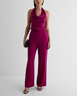 Date Night,Cocktail & Party Satin Tie Halter Cowl Neck Wide Leg Palazzo Jumpsuit Pink Women's XS