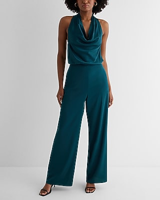 Date Night,Cocktail & Party Satin Tie Halter Cowl Neck Wide Leg Palazzo Jumpsuit