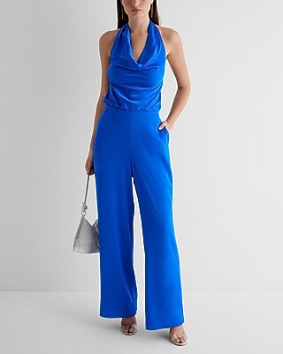 Date Night,Cocktail & Party Satin Tie Halter Cowl Neck Wide Leg Palazzo Jumpsuit Blue Women's M