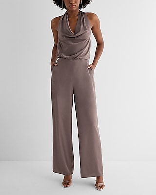 Date Night,Cocktail & Party Satin Tie Halter Cowl Neck Wide Leg Palazzo Jumpsuit Brown Women's XL