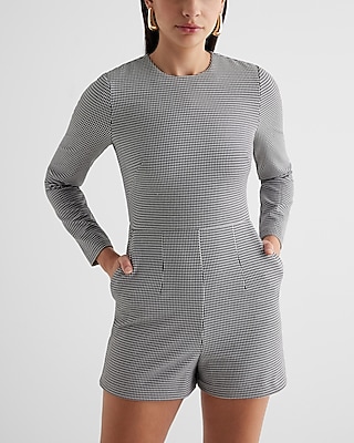 Houndstooth Crew Neck Long Sleeve Romper
