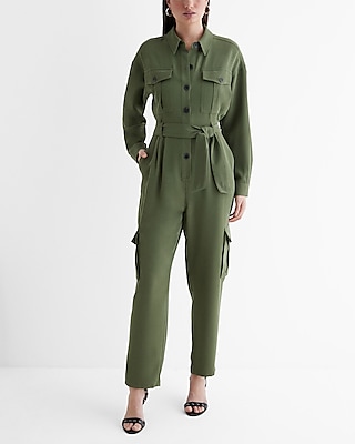 Casual,work Long Sleeve Tie Waist Utility Jumpsuit