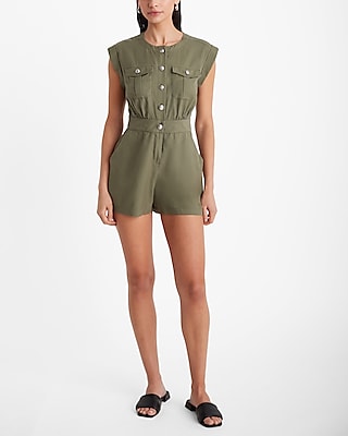 Twill Pocketed Button Front Cap Sleeves Romper/Jumpsuit