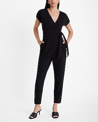 Work V-neck Short Sleeve Surplice Tie Waist Straight Leg Jumpsuit