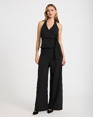 Crepe Halter Wrap Tie Waist Wide Leg Jumpsuit