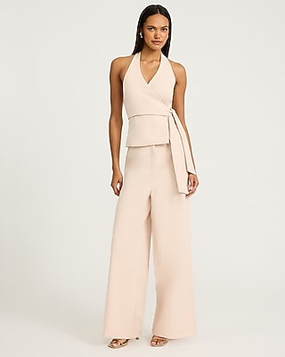 Crepe Halter Wrap Tie Waist Wide Leg Jumpsuit