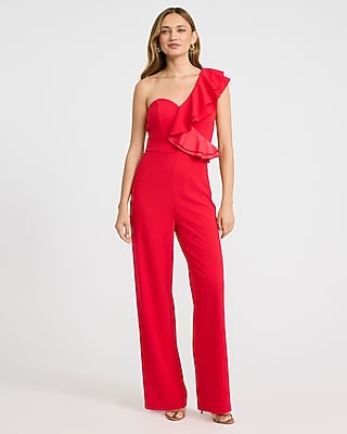 One Shoulder Sweetheart Ruffle Wide Leg Jumpsuit