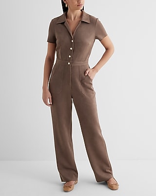 Casual Suede V-Neck Button Front Wide Leg Palazzo Jumpsuit
