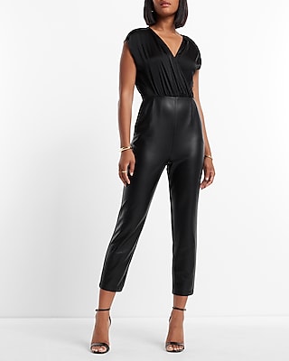 Cocktail & Party Cap Sleeve Faux Leather Jumpsuit
