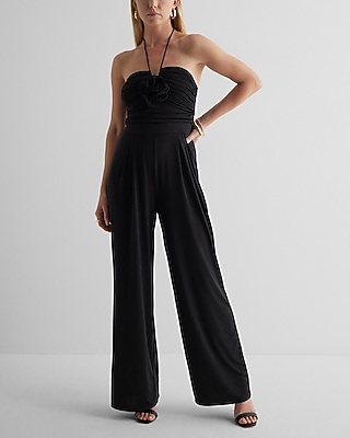 Cocktail & Party Halter Neck Rosette Wide Leg Palazzo Jumpsuit