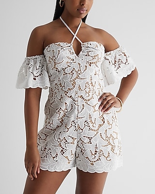 Cocktail & Party Embroidered Crochet Off The Shoulder Halter Romper
