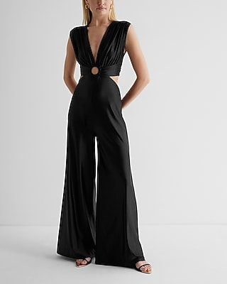 Cocktail & Party V-Neck O-Ring Cutout Wide Leg Palazzo Jumpsuit Black Women's XS