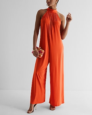 Casual Mock Neck Shapeless Wide Leg Palazzo Jumpsuit Orange Women's XS