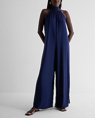 Casual Mock Neck Shapeless Wide Leg Palazzo Jumpsuit Blue Women's XL