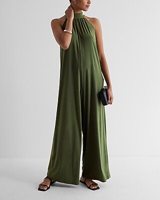 Casual Mock Neck Shapeless Wide Leg Palazzo Jumpsuit Green Women's XL