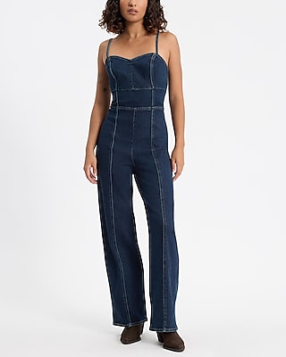 Denim Spaghetti Strap Back Zipper Cutout Open-Back Sweetheart Romper/Jumpsuit