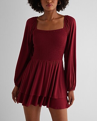 Casual,Date Night Square Neck Long Sleeve Smocked Romper Brown Women's M