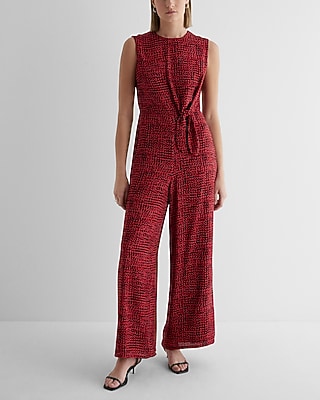 Work Printed Crew Neck Side Tie Wide Leg Palazzo Jumpsuit