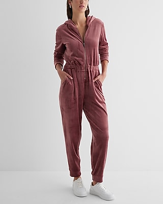 Casual Velour Zip Up Hooded Jumpsuit Purple Women's XS