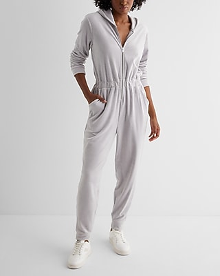 Casual Velour Zip Up Hooded Jumpsuit White Women's M