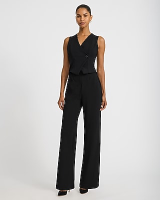 V-Neck Asymmetrical One Button Wide Leg Jumpsuit